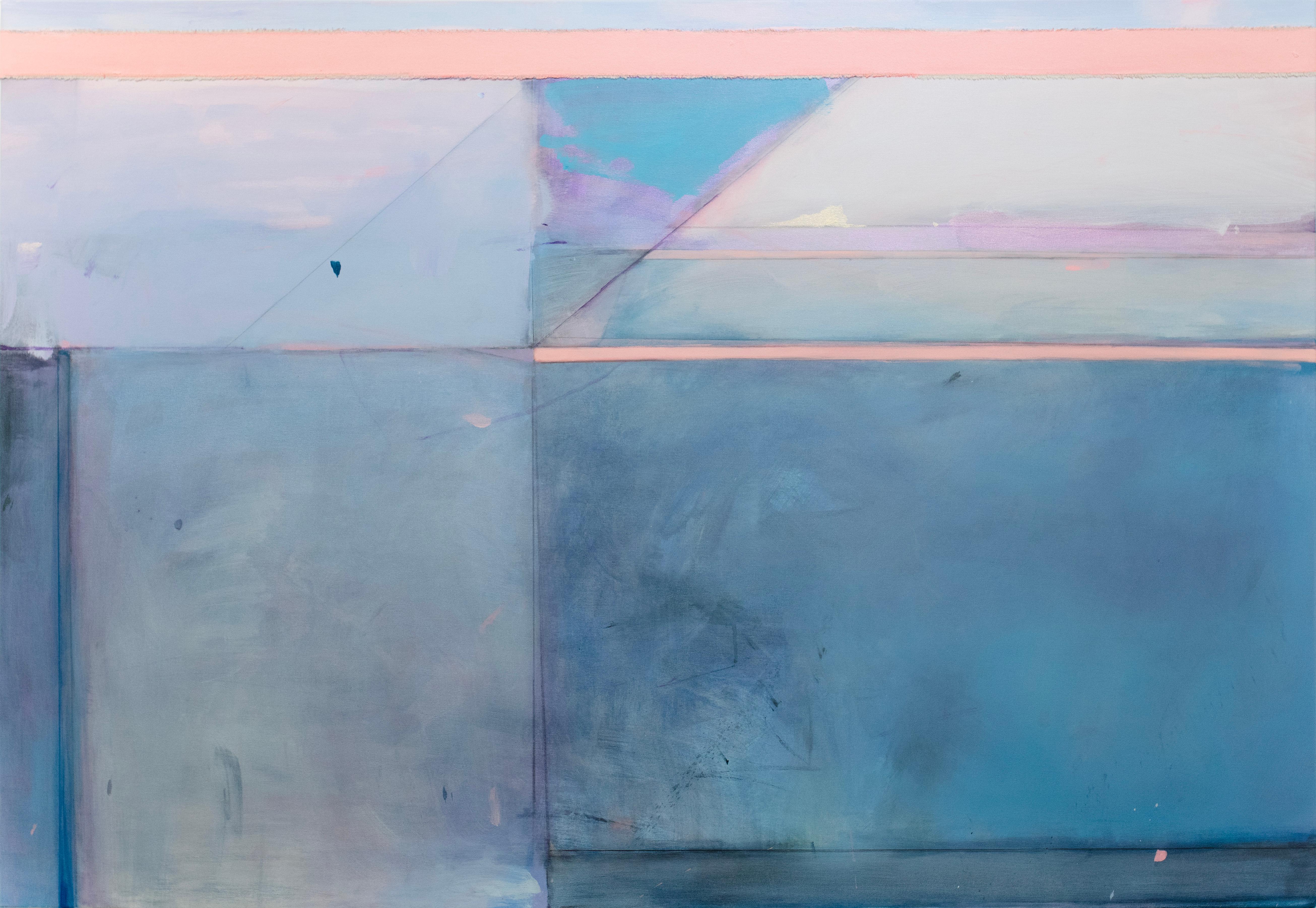 This large abstract painting by Kelly Rossetti is made with acrylic paint and raw canvas pieces assembled on gallery wrapped canvas. It features a light pink and blue palette with geometric horizontal and diagonal lines, shapes, and marks layered