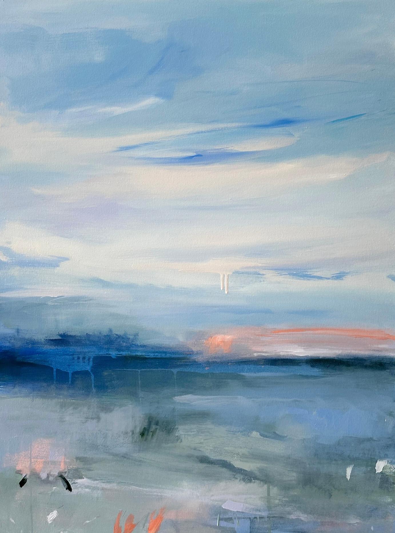 This abstract statement painting by Kelly Rossetti is made with oil paint on gallery wrapped canvas. It features a cool blue palette with pale pink accents, as well as light, gestural brush strokes and a bold horizon line resulting in an abstracted