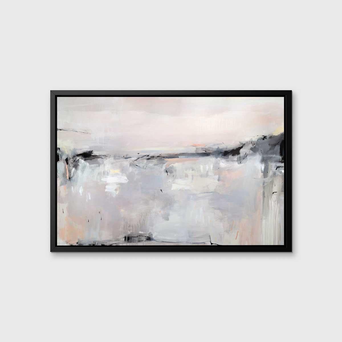 This contemporary abstract Limited Edition giclee print by Kelly Rossetti is made with acrylic paint on canvas. It features a light, warm, and neutral palette, with grey, white, and pink tones contrasted by deep charcoal black, with a loose,