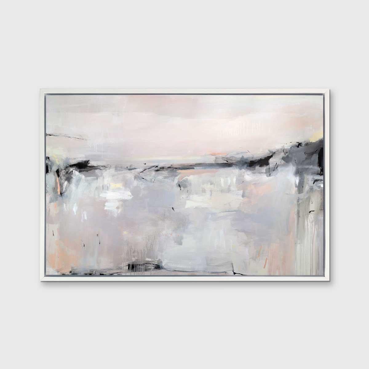 This contemporary abstract Limited Edition giclee print by Kelly Rossetti is made with acrylic paint on canvas. It features a light, warm, and neutral palette, with grey, white, and pink tones contrasted by deep charcoal black, with a loose,