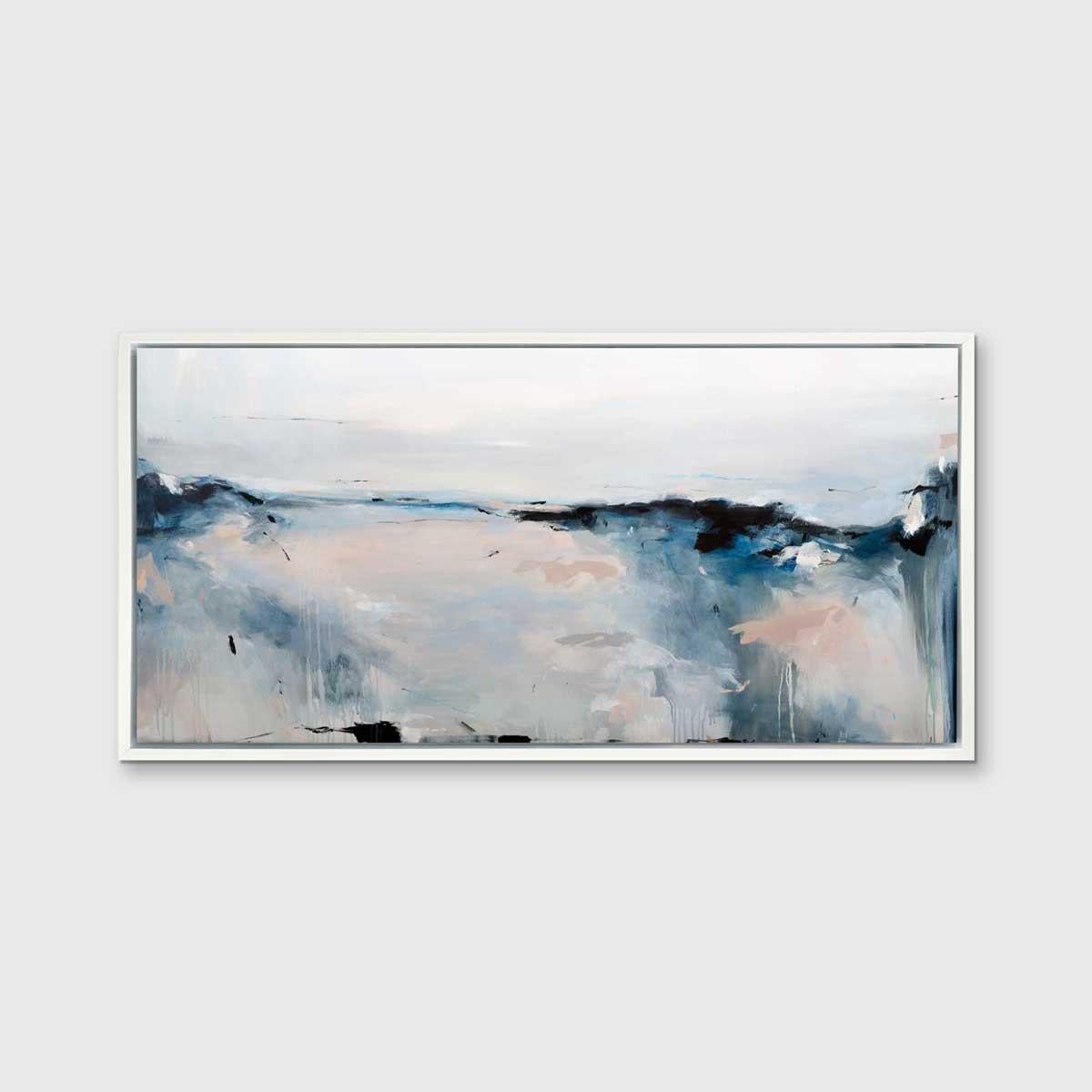 This abstract limited edition print by Kelly Rossetti features a cool palette and an abstracted landscape composition in a horizontal format. The artist's loose, expressive brush strokes come together in deep blue, grey, and pale pink accent tones