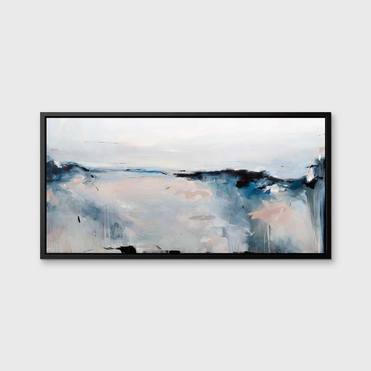 This abstract limited edition print by Kelly Rossetti features a cool palette and an abstracted landscape composition in a horizontal format. The artist's loose, expressive brush strokes come together in deep blue, grey, and pale pink accent tones