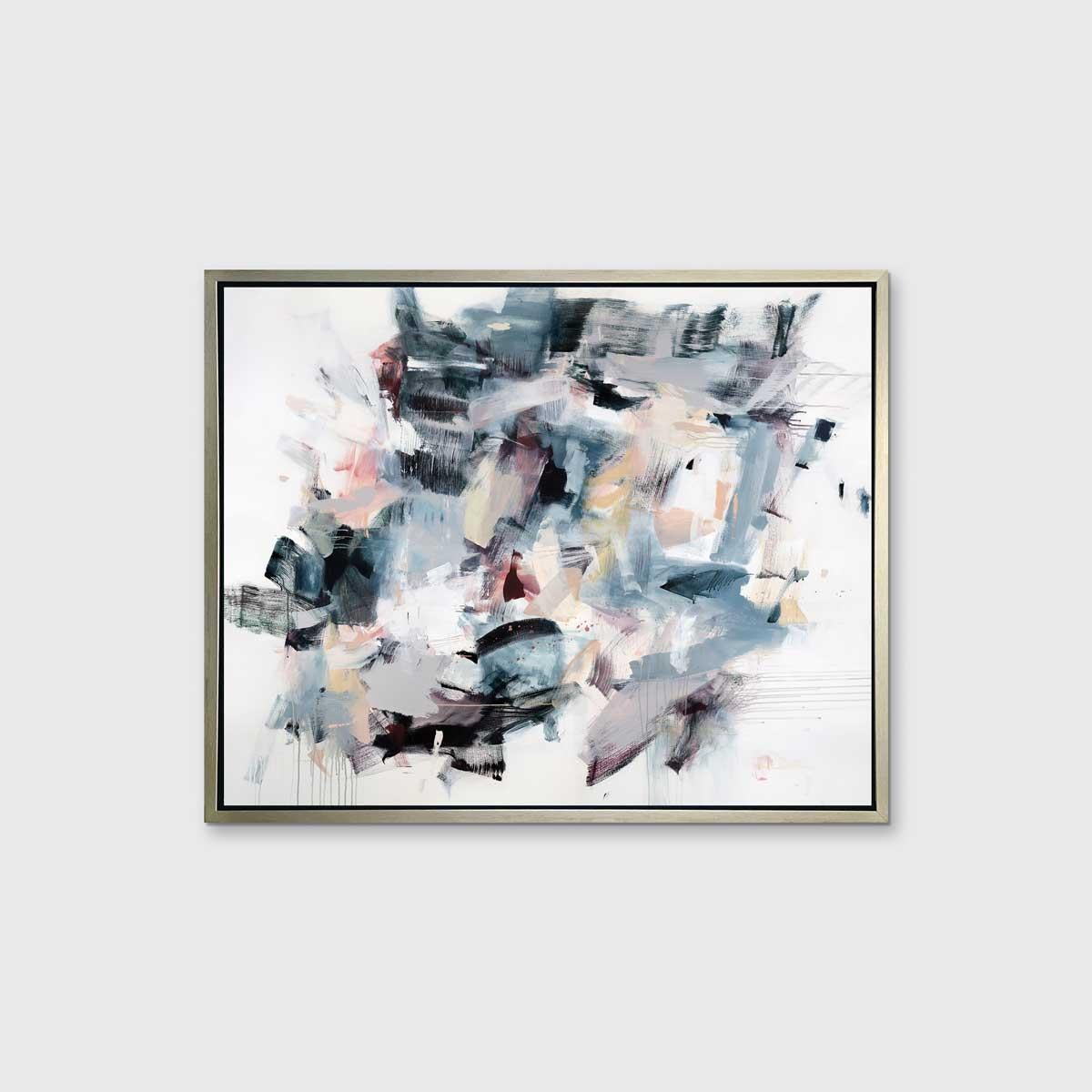 This limited edition abstract giclee print by Kelly Rossetti features layers of light, loose strokes  of pale creme and pink over top of a range of blues, with pops of a unique green color accenting the lower portion of the composition. The result