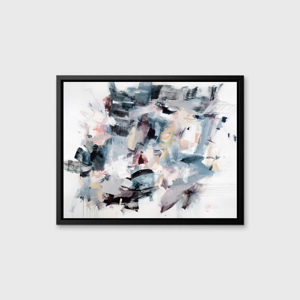 This limited edition abstract giclee print by Kelly Rossetti features layers of light, loose strokes  of pale creme and pink over top of a range of blues, with pops of a unique green color accenting the lower portion of the composition. The result