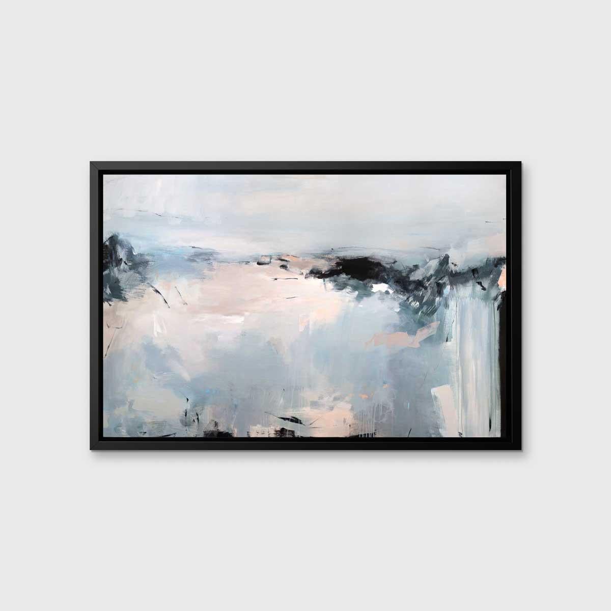 This abstract limited edition giclee print by Kelly Rossetti features a cool palette, with light blue, grey, white, charcoal black accents and contrasting pale pink added in broad, energetic strokes throughout. The piece loosely follows a landscape