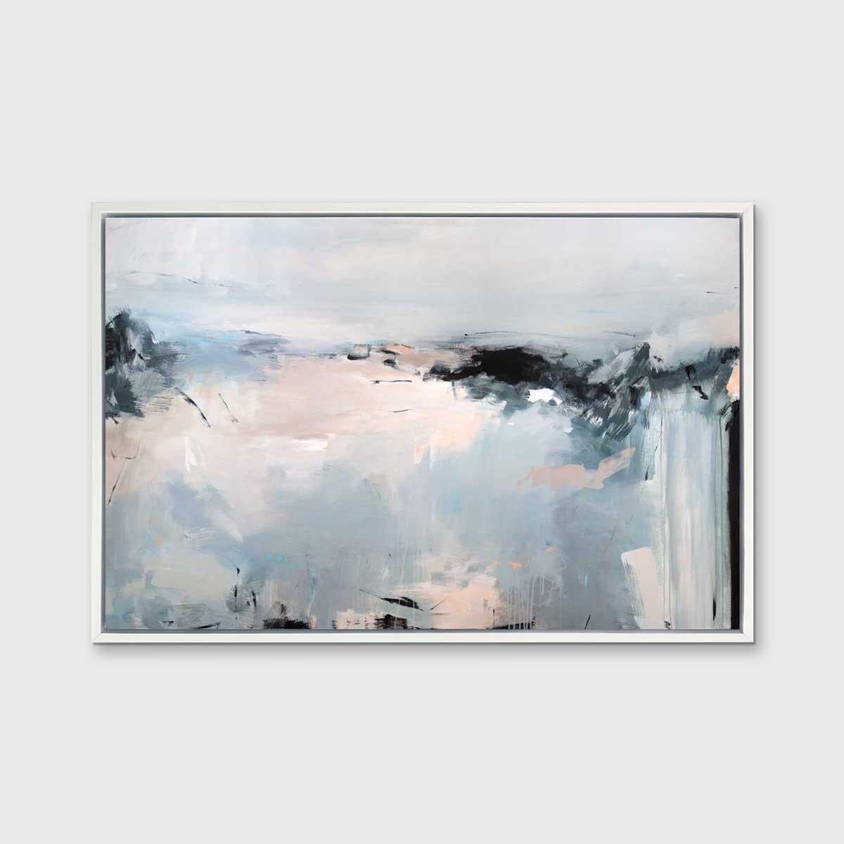 Cette impression giclée abstraite en édition limitée de Kelly Rossetti présente une palette froide, avec des accents de bleu clair, de gris, de blanc, de noir charbon et de rose pâle contrastant, ajoutés par de larges touches énergiques. La pièce