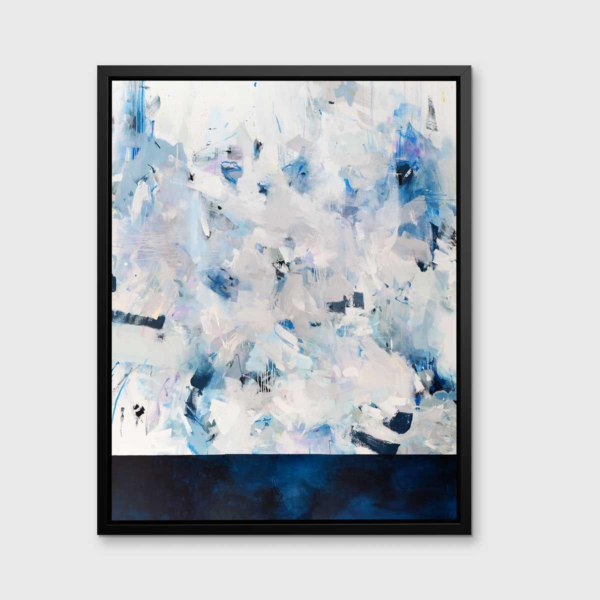 This limited edition abstract giclee print by Kelly Rossetti features a cool blue and white palette. The bottom portion of the composition is a deep, midnight blue, which is balanced by the expressive strokes in grey, white, blue, and subtle pale