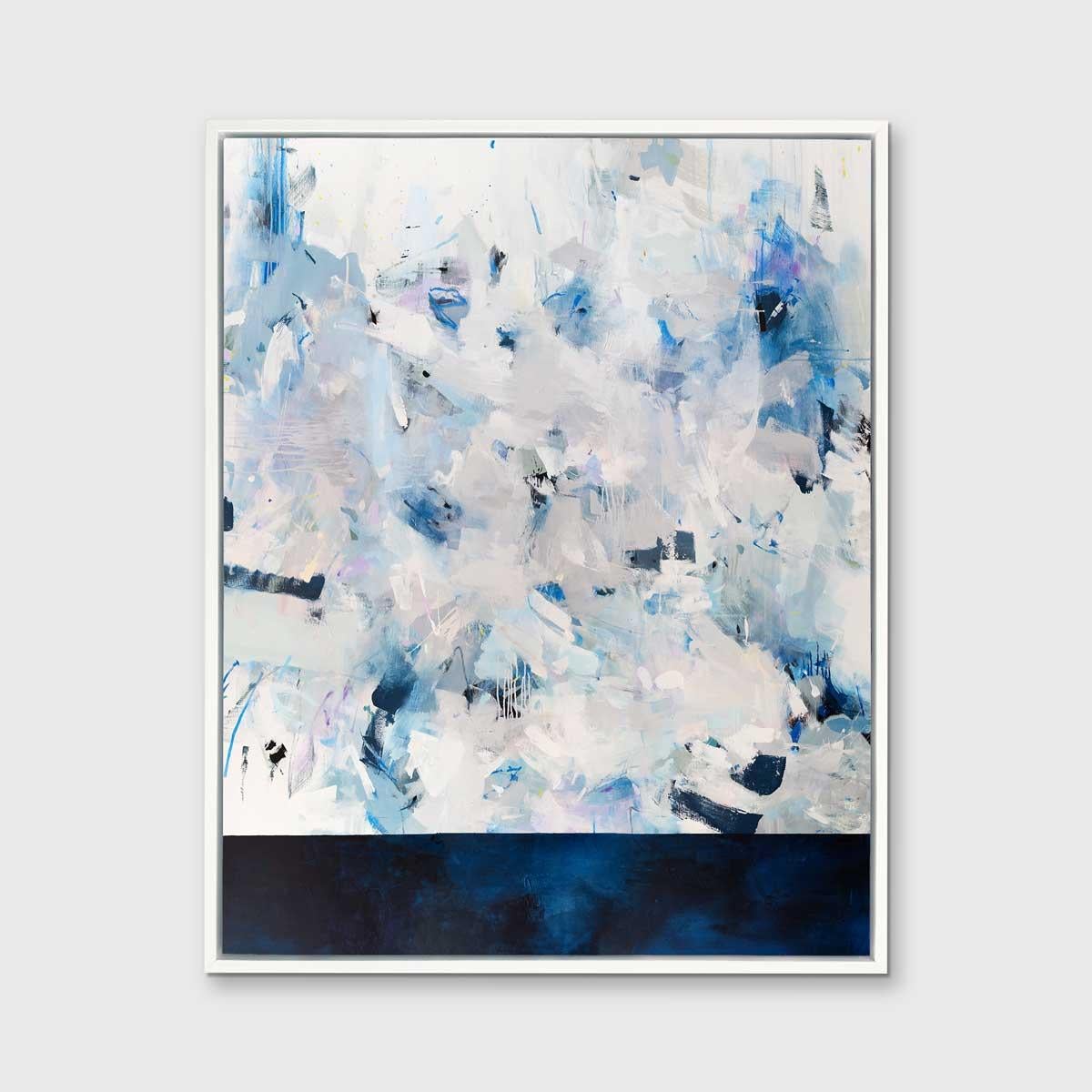 This limited edition abstract giclee print by Kelly Rossetti features a cool blue and white palette. The bottom portion of the composition is a deep, midnight blue, which is balanced by the expressive strokes in grey, white, blue, and subtle pale