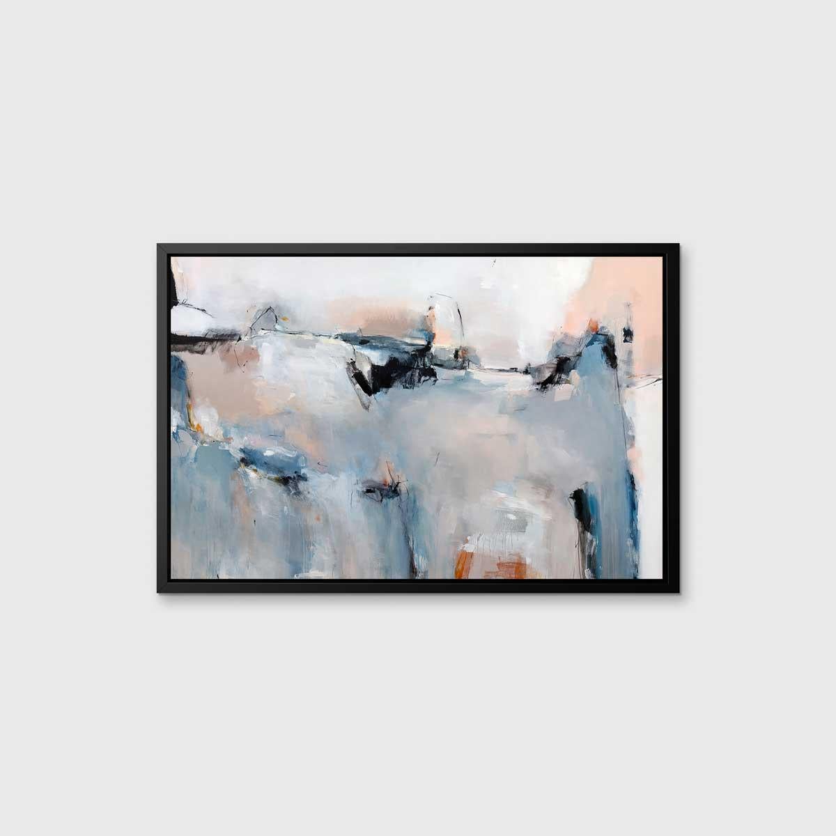 This contemporary abstract Limited Edition giclee print features cool blues and contrasting warm pinks, with light grey and white highlights. Stark charcoal black accents are placed in large, gestural strokes, thin lines, and blended throughout.