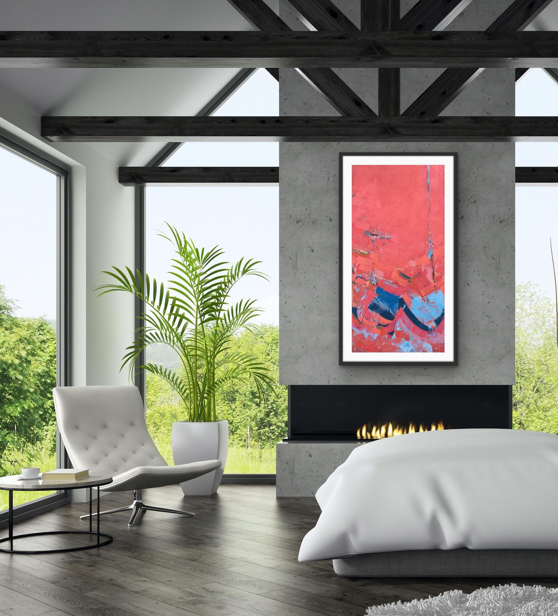 Original abstract oil painting on canvas, bright pinks and neon tones dominate this canvas, creating energy, calmed by blues. Inspired by the Rocky mountains.
Kelly Washbourne, contemporary painter, is available online and in our gallery at Wychwood