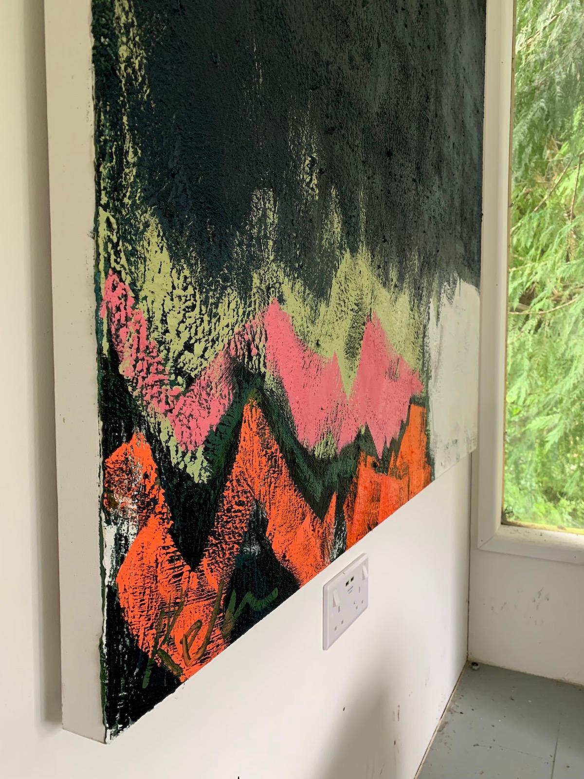 Original abstract oil painting on canvas, layers of dark blue space, anchored by bright pink, orange and white. Inspired by the Cornish coastal path in Zennor.
Kelly Washbourne, contemporary painter, available online and in our gallery at Wychwood
