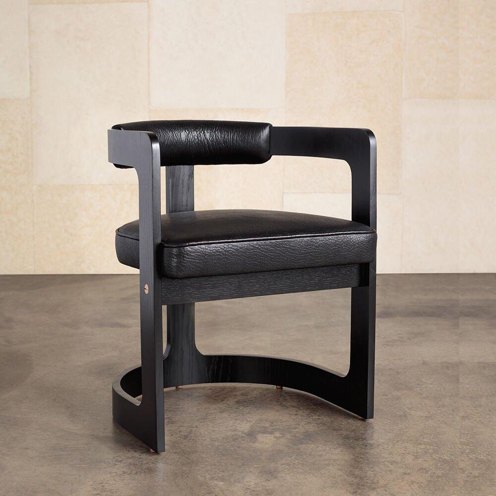 Modern Kelly Wearstler Ebonized Oak Zuma Dining Chair with Curved Back, Black Leather For Sale