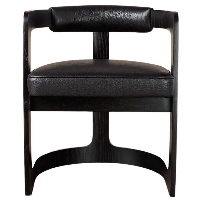 Kelly Wearstler Ebonized Oak Zuma Dining Chair with Curved Back, Black Leather For Sale