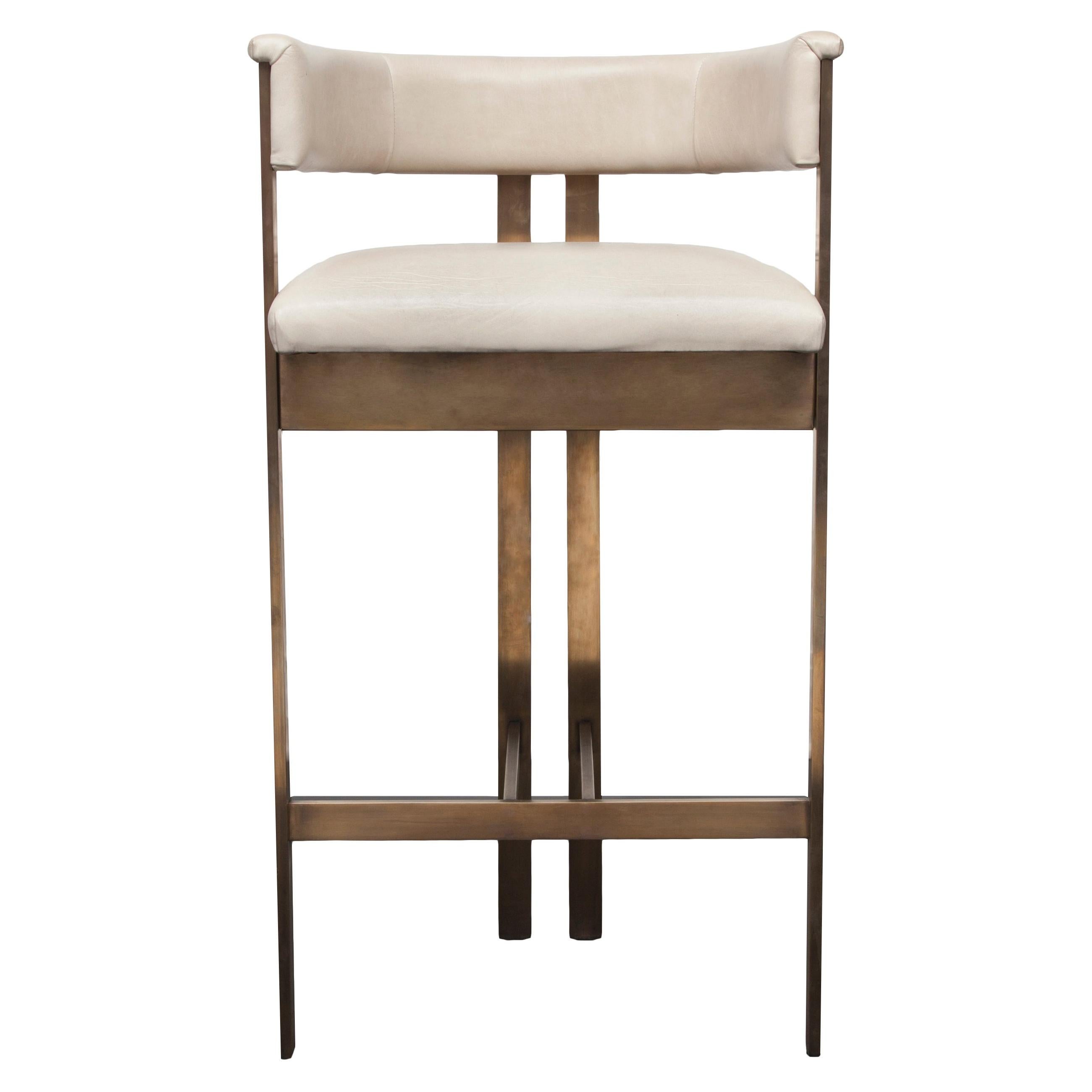 Kelly Wearstler Elliott Bar Stool in Burnished Brass and Ivory Leather For Sale