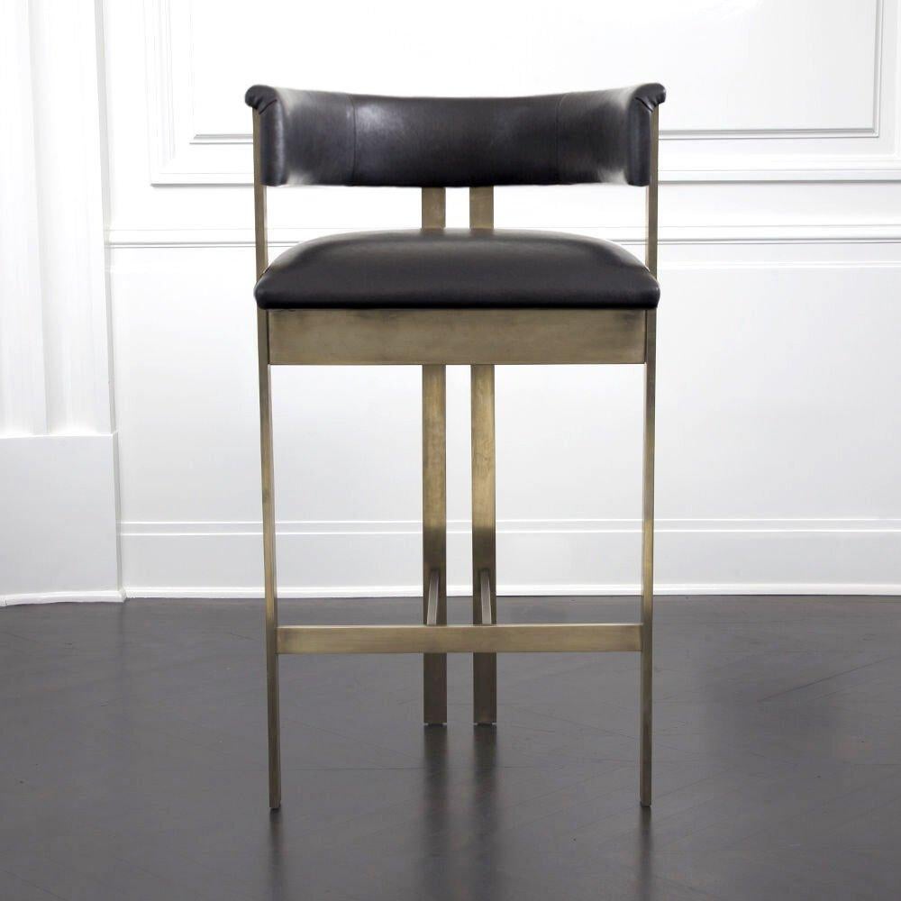 Kelly Wearstler Elliott Bar Stool in Ivory Leather and Burnished Brass For Sale 2