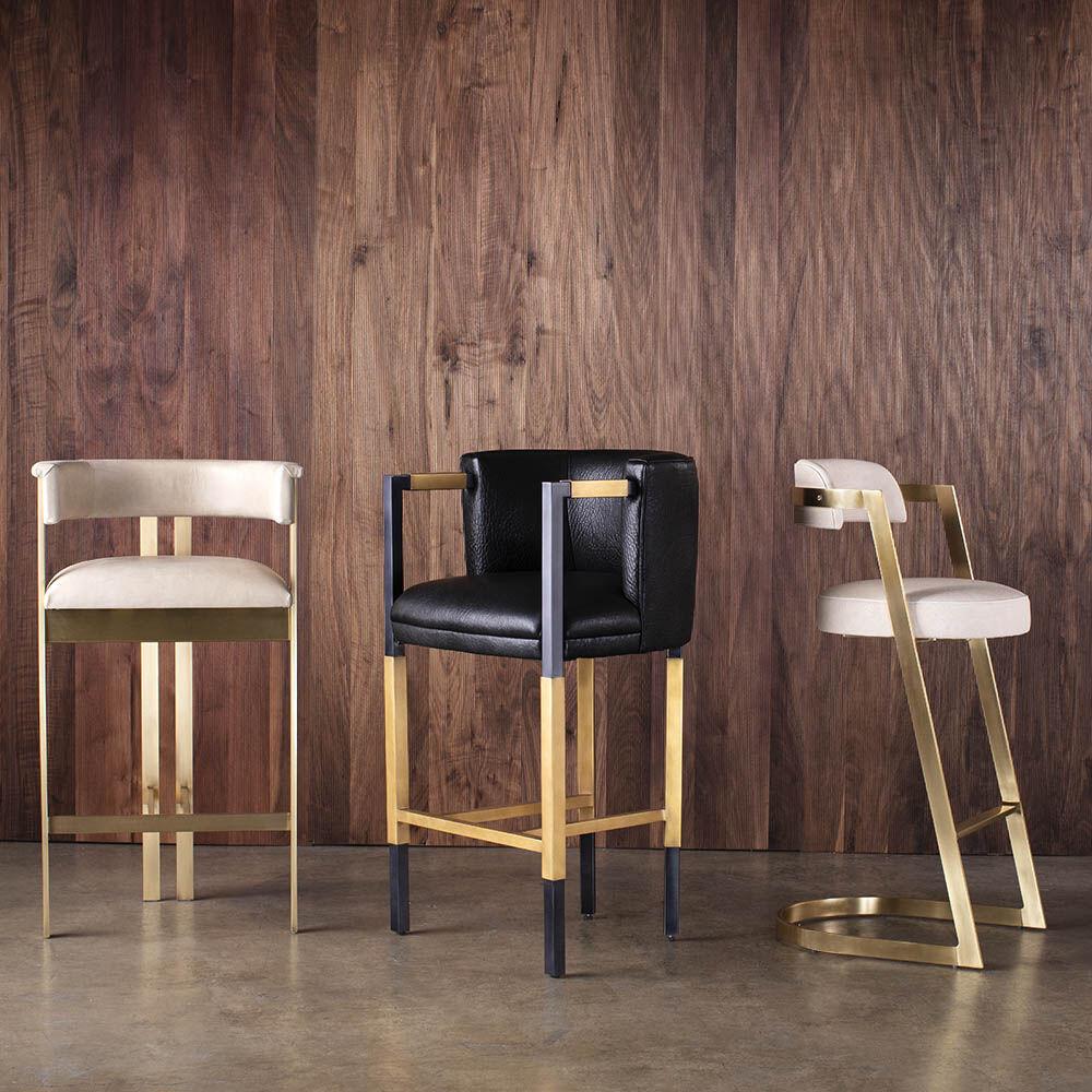 Contemporary Kelly Wearstler Elliott Bar Stool in Ivory Leather and Burnished Brass For Sale
