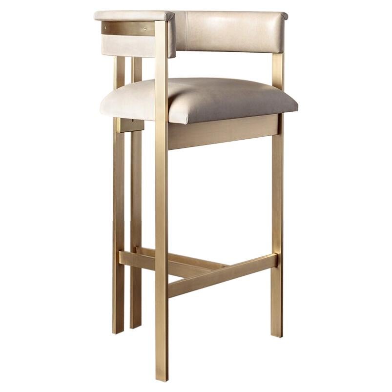Kelly Wearstler Elliott Bar Stool in Ivory Leather and Burnished Brass For Sale