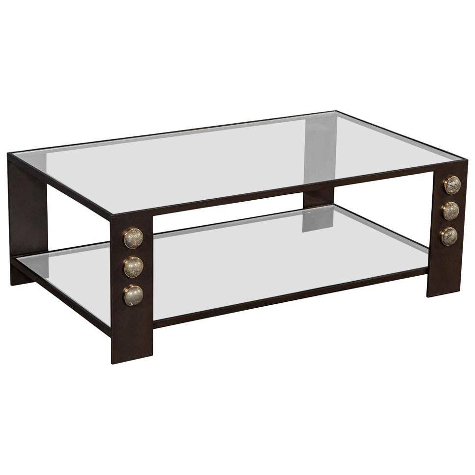 Kelly Wearstler Griffith coffee table. Blackened bronze frame with half-moon pyrite stones.

Price includes complimentary scheduled curb side delivery service to the continental USA.