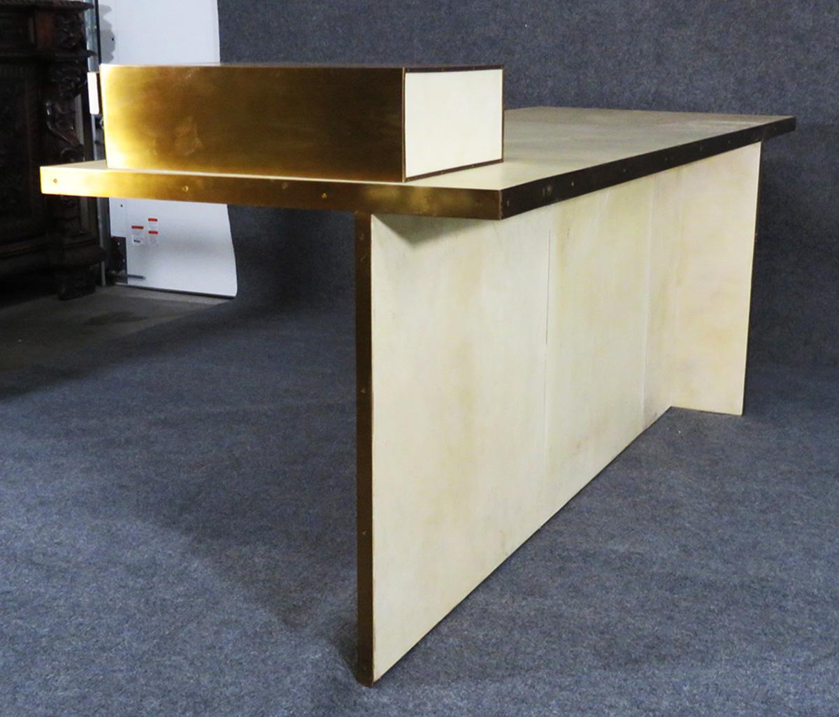 American Kelly Wearstler Parchment and Brass Trimmed Mid-Century Modern Dillon Desk