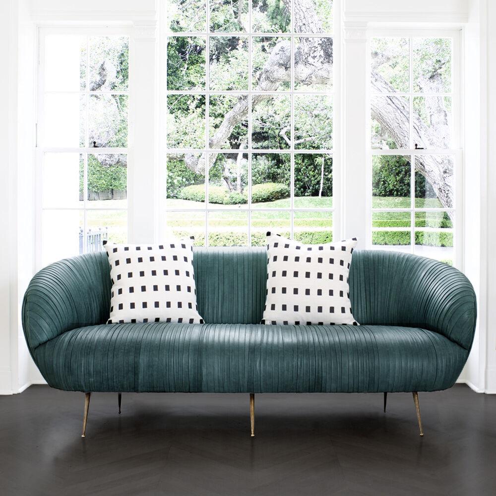 Kelly Wearstler Signature Souffle Settee in 'Spruce' Ruched Leather In New Condition In West Hollywood, CA