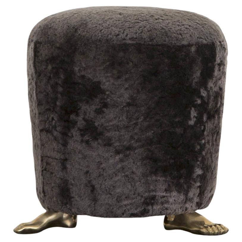 Kelly Wearstler Signature Foot Stool with Mink Shearling and Cast Brass Feet For Sale
