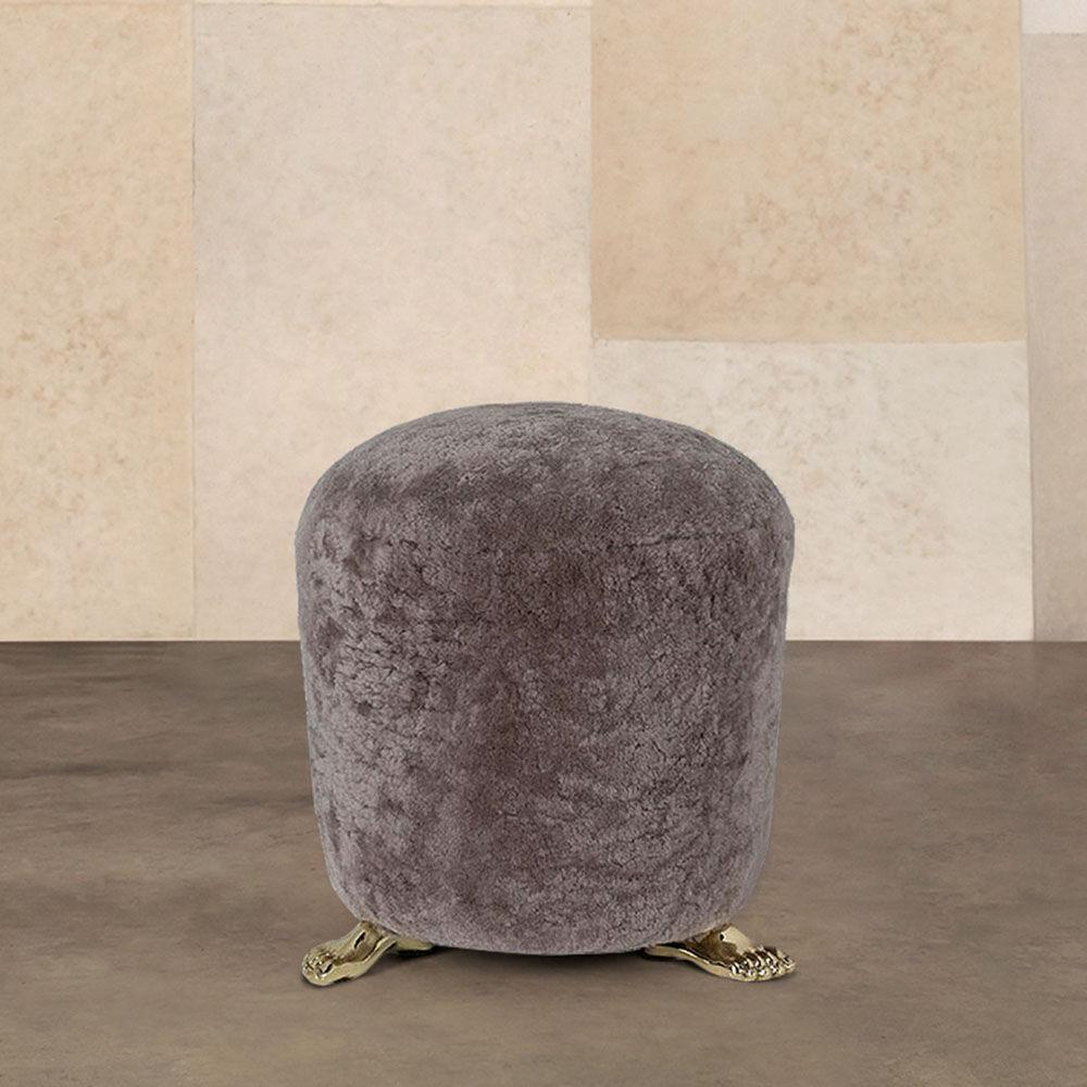 Modern Kelly Wearstler Signature Foot Stool with Natural Shearling and Cast Brass Feet For Sale