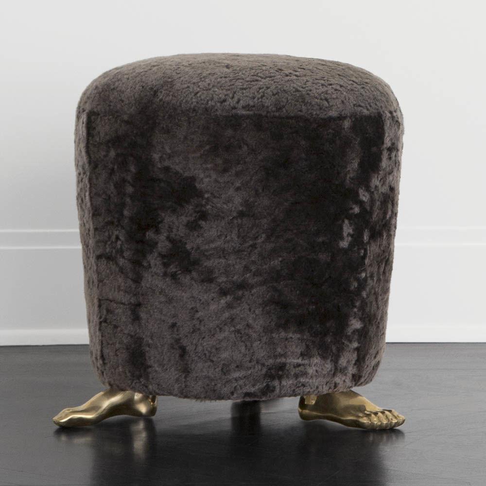 American Kelly Wearstler Signature Foot Stool with Natural Shearling and Cast Brass Feet For Sale