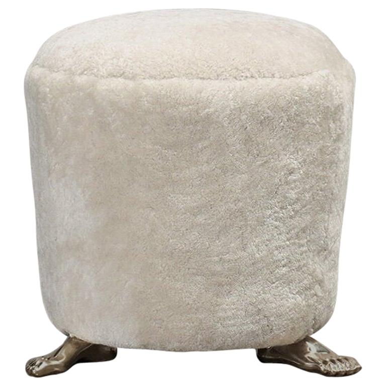Kelly Wearstler Signature Foot Stool with Natural Shearling and Cast Brass Feet
