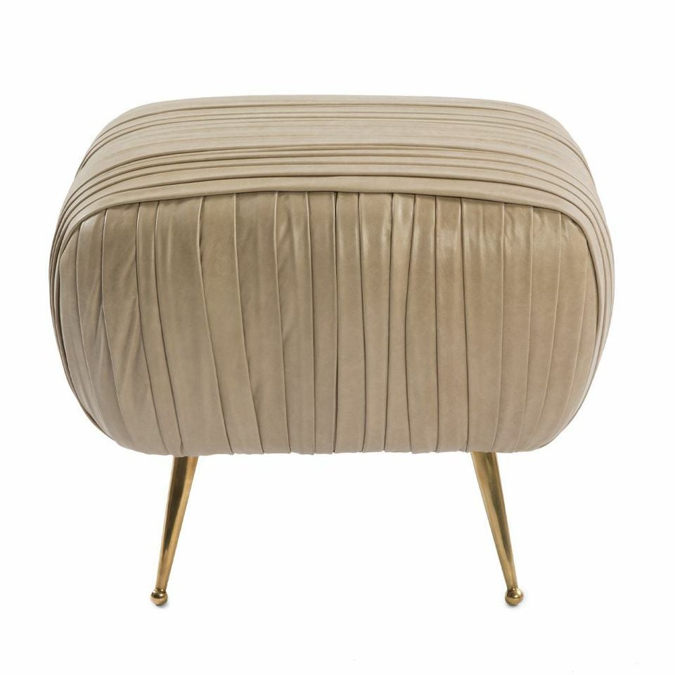 With its curvilinear form, bold massing, and thoughtful detailing, the Souffle Ottoman is a modern icon. This petite ottoman features solid cast burnished brass legs and an artisanal ruched leather body which is available in a curated selection of