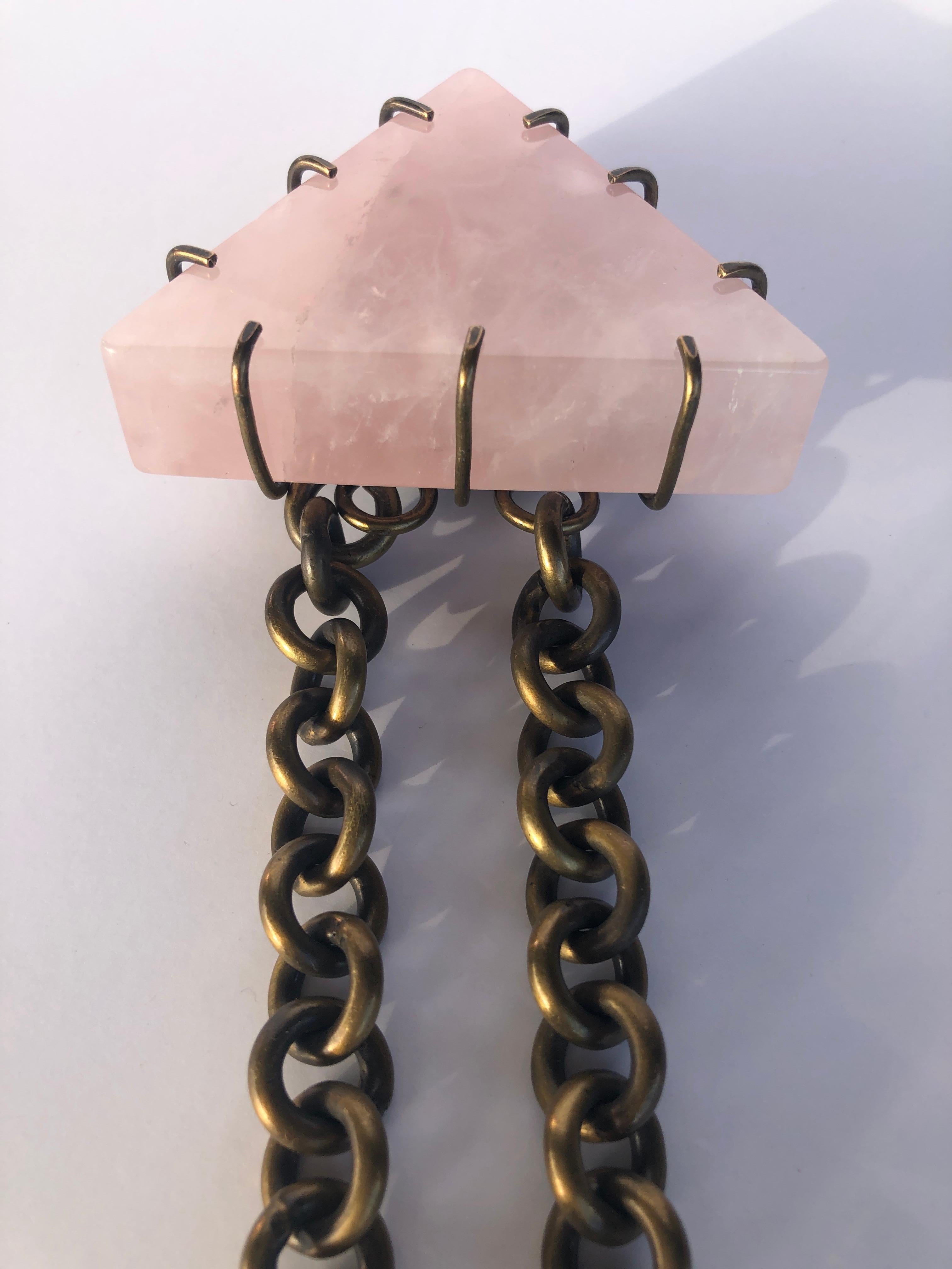 Kelly Wearstler Triangular Pink Quartz w/ Bronze Prongs & Brass Chain Necklace  For Sale 2