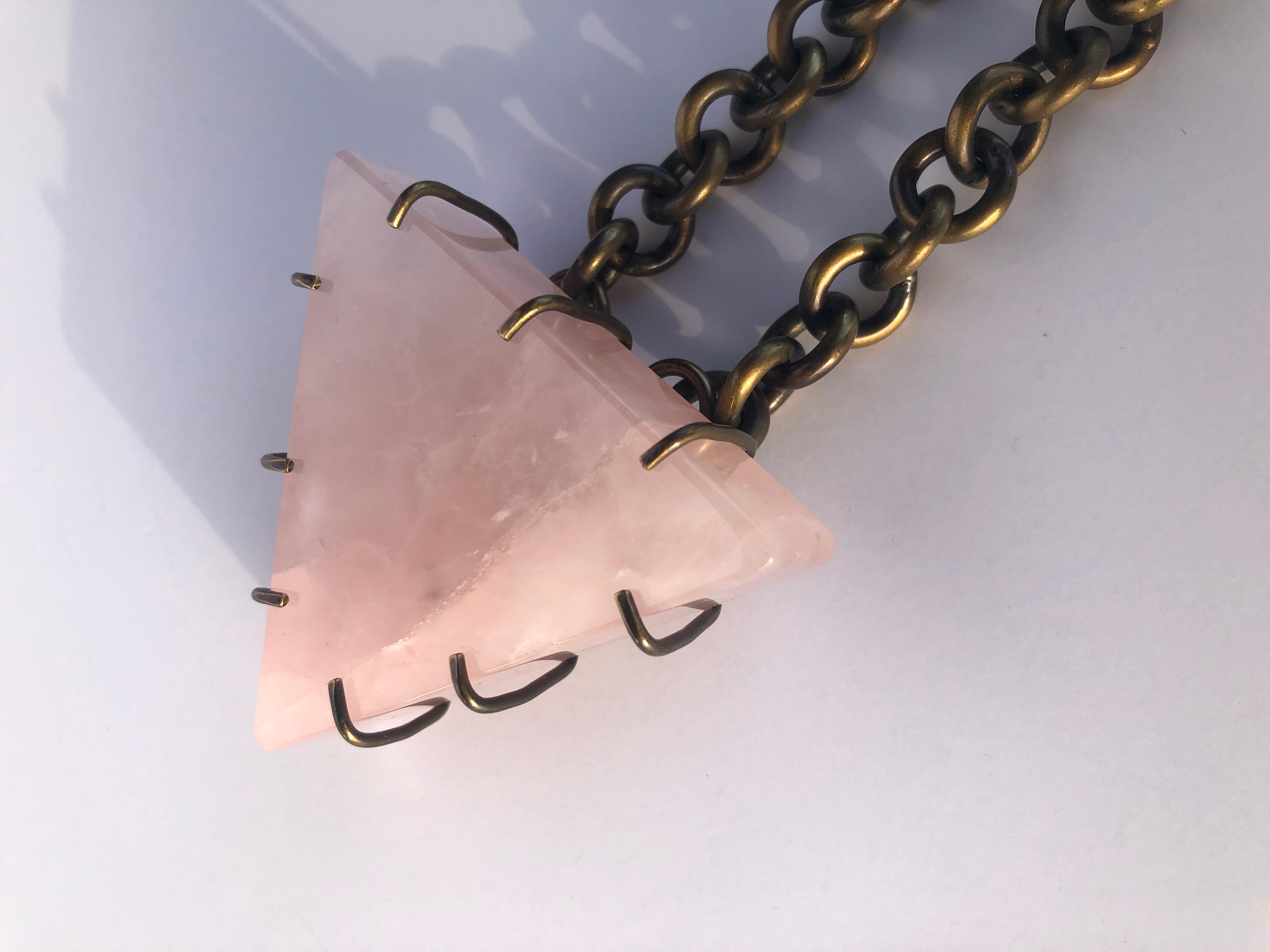 Kelly Wearstler Triangular Pink Quartz w/ Bronze Prongs & Brass Chain Necklace  For Sale 3