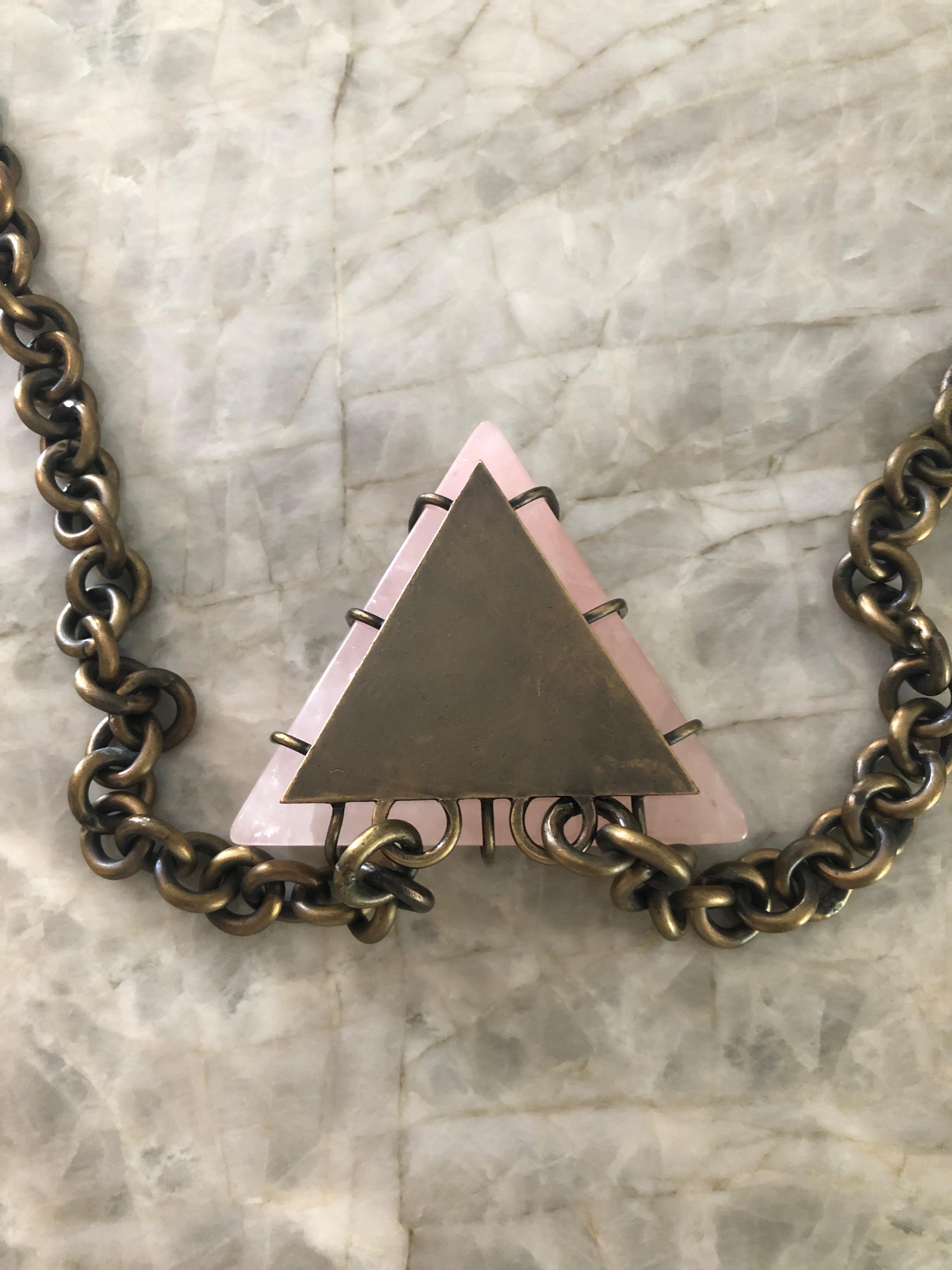 Kelly Wearstler Triangular Pink Quartz w/ Bronze Prongs & Brass Chain Necklace  For Sale 5