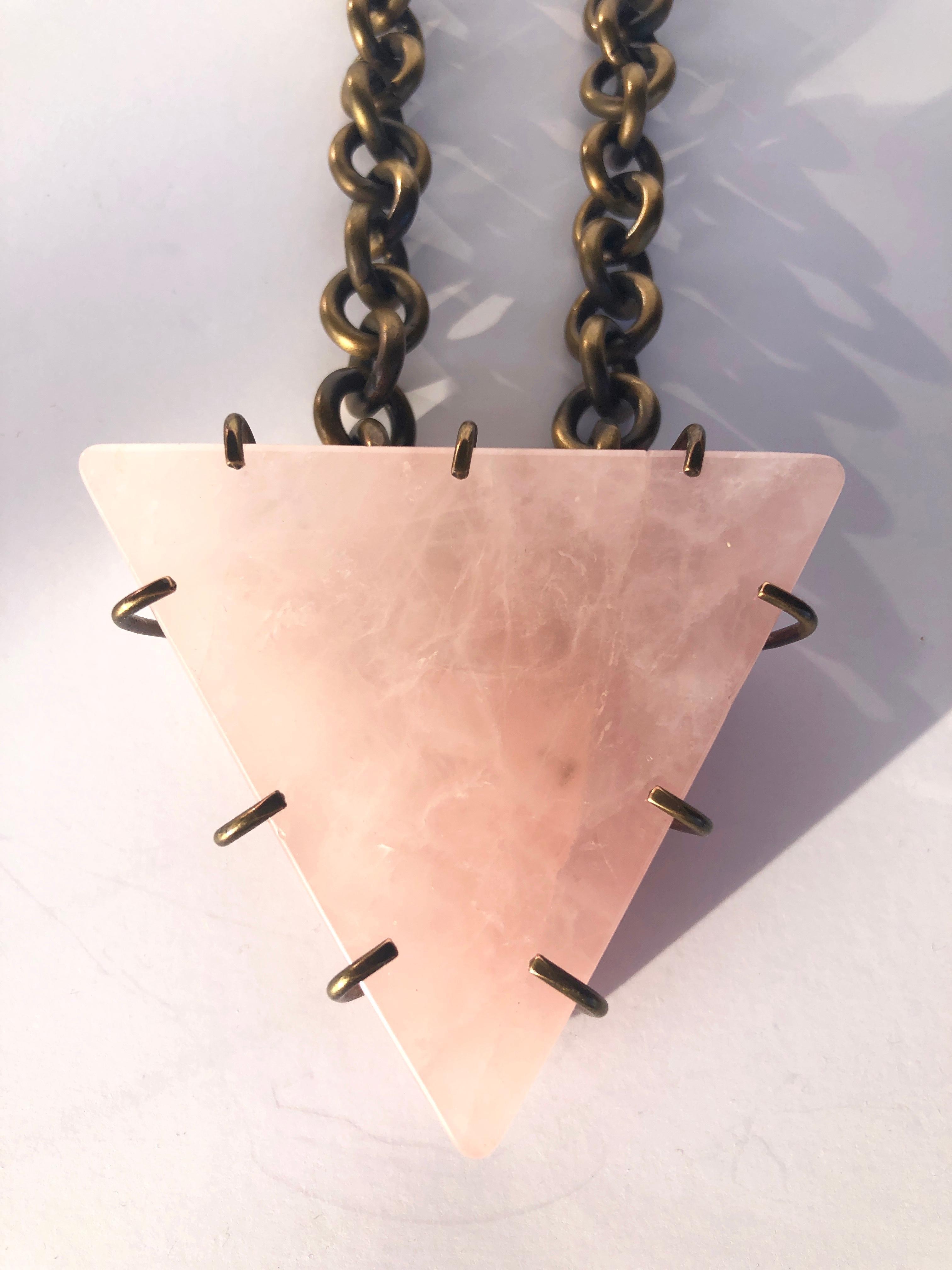 Trillion Cut Kelly Wearstler Triangular Pink Quartz w/ Bronze Prongs & Brass Chain Necklace  For Sale