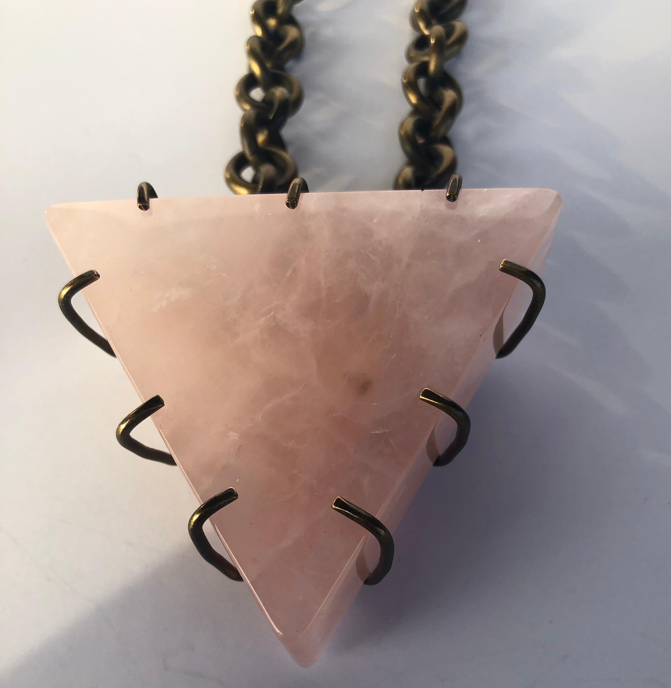 Kelly Wearstler Triangular Pink Quartz w/ Bronze Prongs & Brass Chain Necklace  For Sale 1