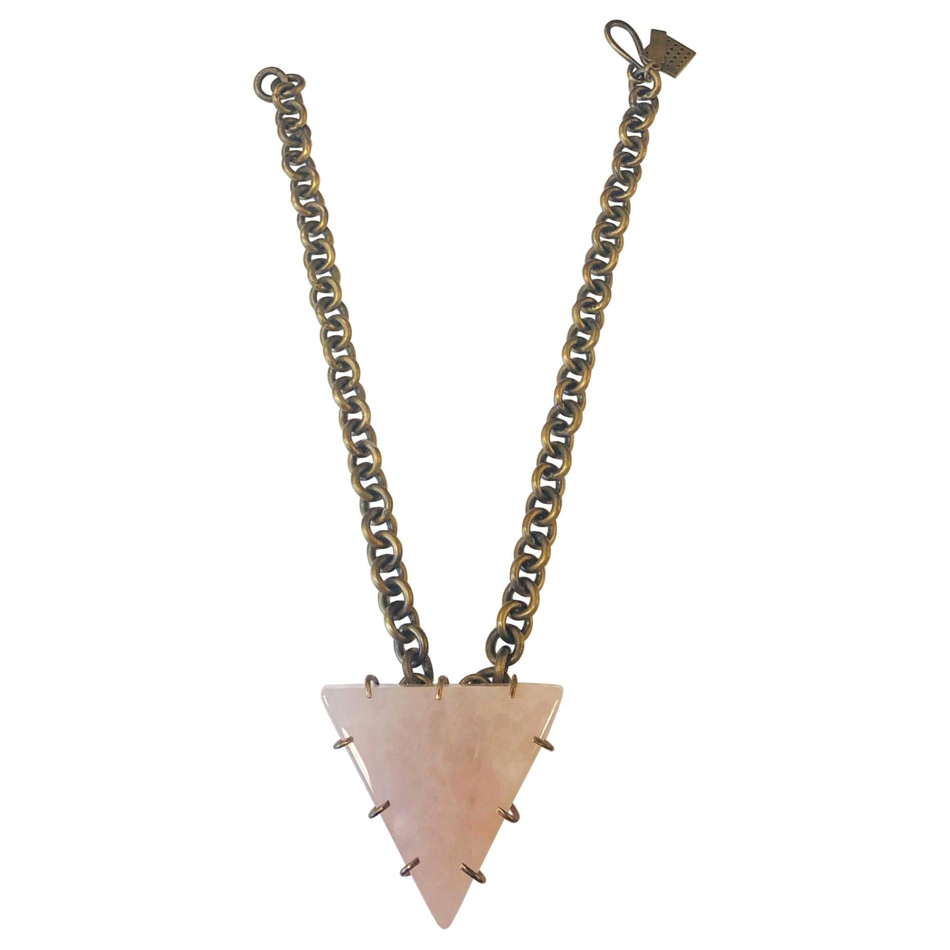 Kelly Wearstler Triangular Pink Quartz w/ Bronze Prongs & Brass Chain Necklace  For Sale