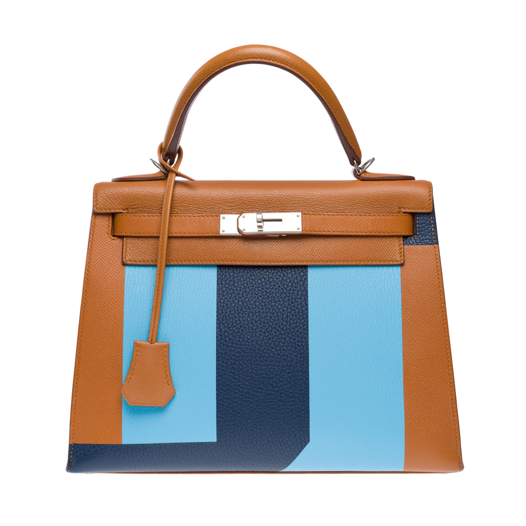 Exceptional​ ​KellyGraphie​ ​limited​ ​edition​ ​Hermes​ ​Kelly​ ​28​ ​sellier​ ​handbag​ ​strap​ ​in​ ​Epsom​ ​Gold​ ​sombrero​ ​Blue​ ​celeste​ ​and​ ​goat​ ​Mysore​ ​blue​ ​sapphire,​ ​metal​ ​trim​ ​silver​ ​palladium,​ ​gold​ ​leather​