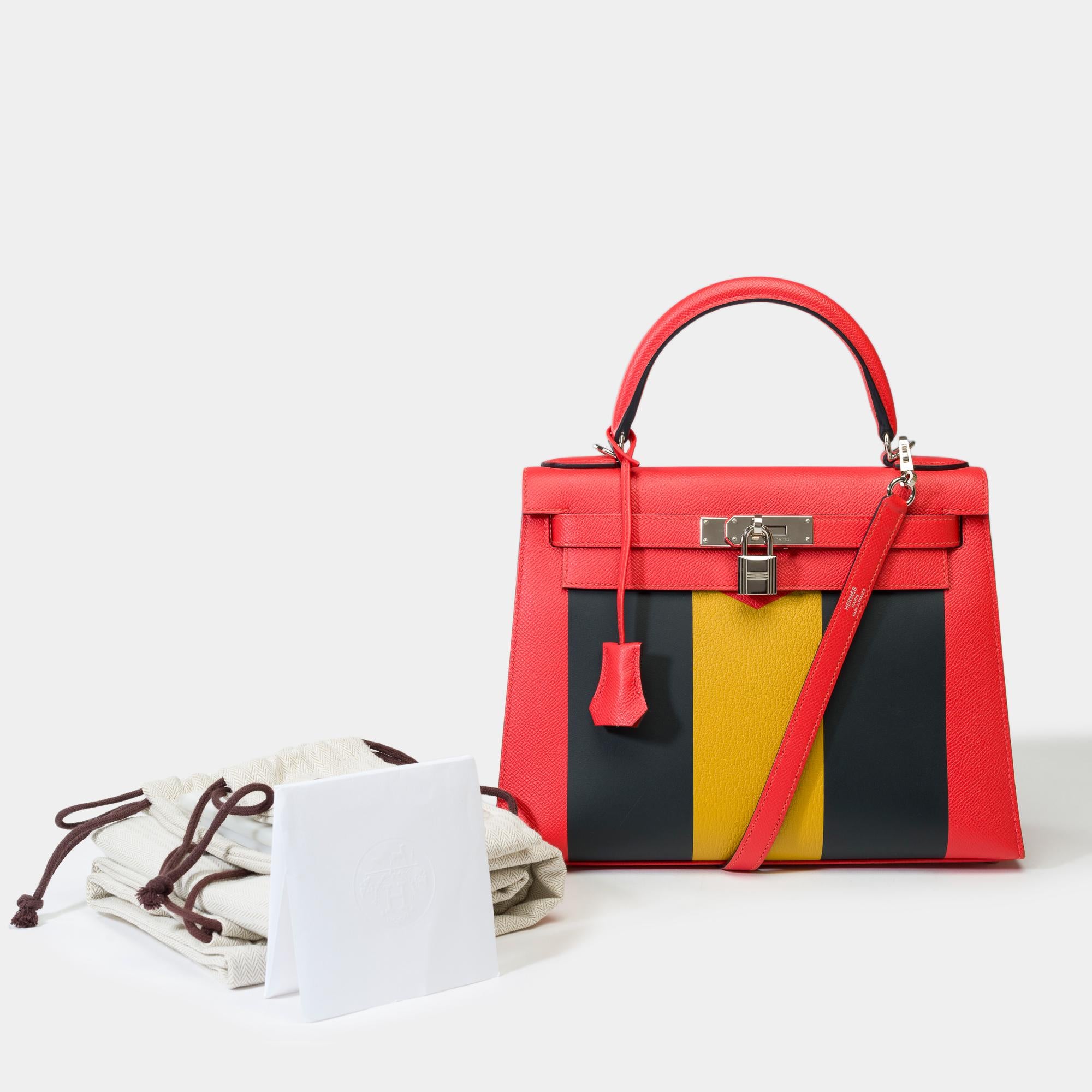 Exceptional​ ​KellyGraphie​ ​limited​ ​edition Hermes​ ​Kelly​ ​28​ ​sellier​ ​handbag​ ​strap​ ​in​ ​Epsom​ ​Capucine​ ​sombrero​ ​Dark​ ​blue​ ​and​ ​Mysore​ ​goat​ ​yellow​ ​Ambre​ ​,​ ​palladium​ ​silver​ ​metal​ ​trim,​ ​red​ ​leather​