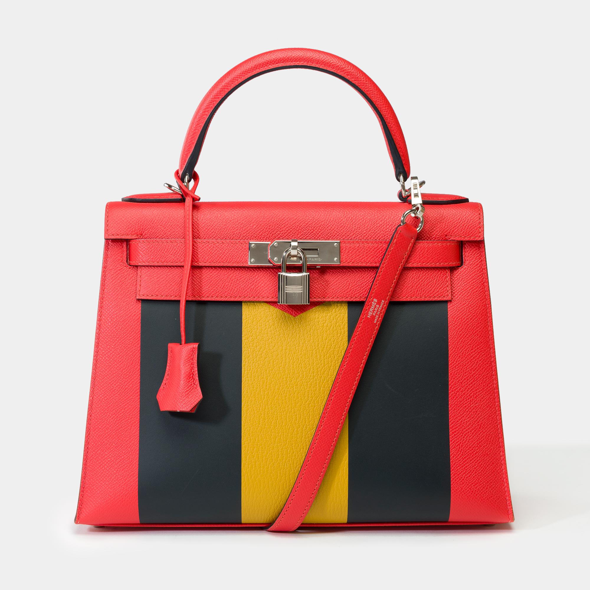 KellyGraphie Hermès Kelly 28 handbag strap in Red, blue and yellow leather, PHW In Excellent Condition For Sale In Paris, IDF
