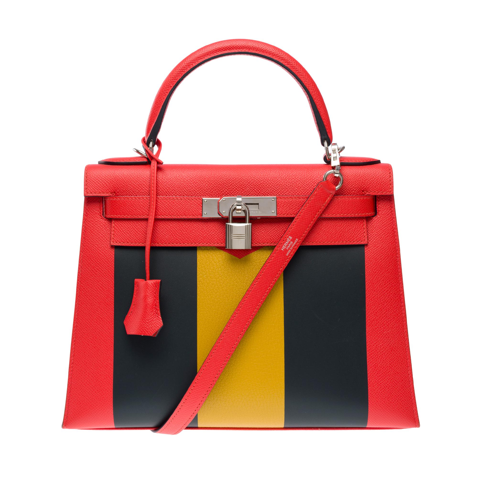 Women's KellyGraphie Hermès Kelly 28 handbag strap in Red, blue and yellow leather, PHW For Sale