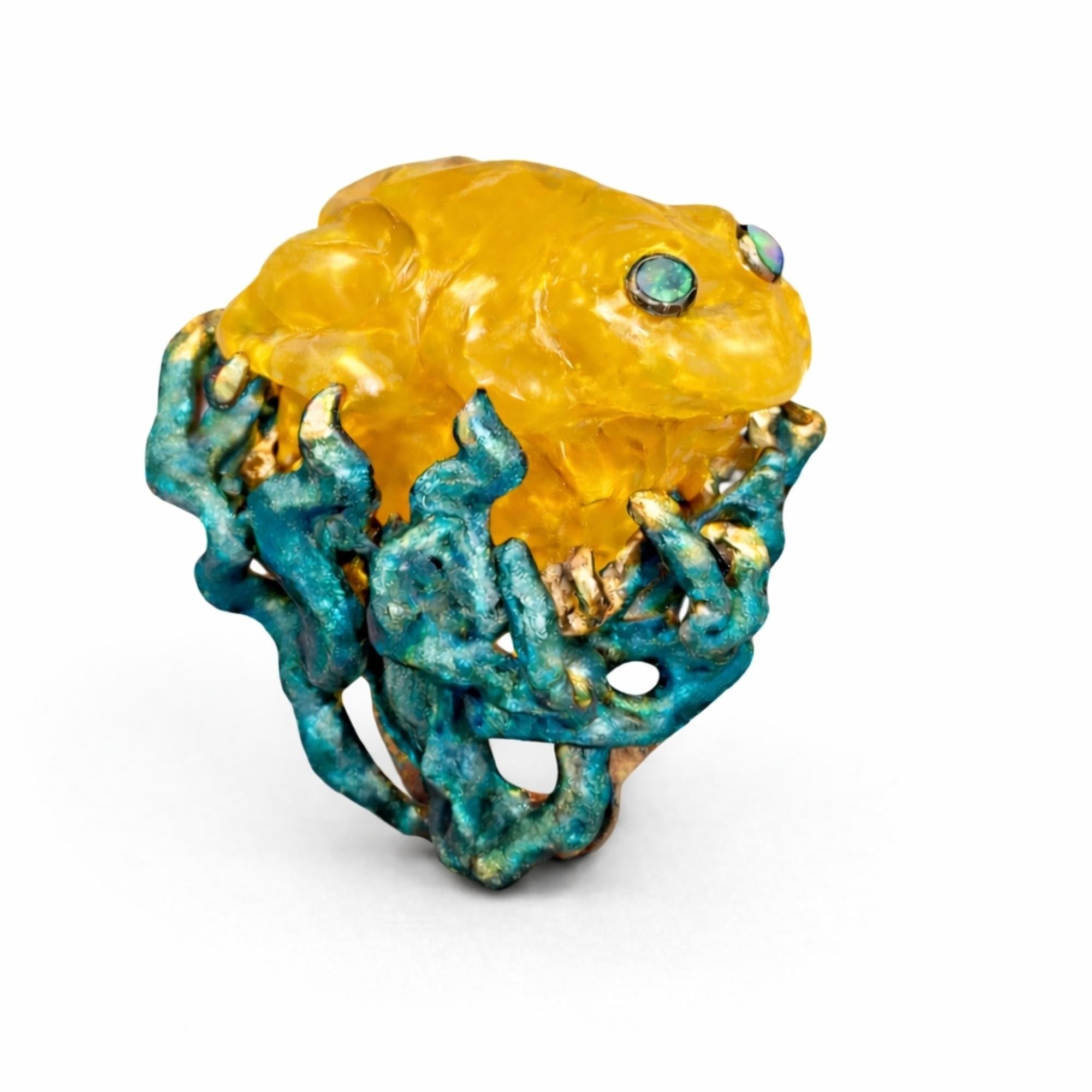 Kelp Dancer Ring, 960 Silver & Yellow Lepidolite, Hot Enamel- Ready To Ship For Sale