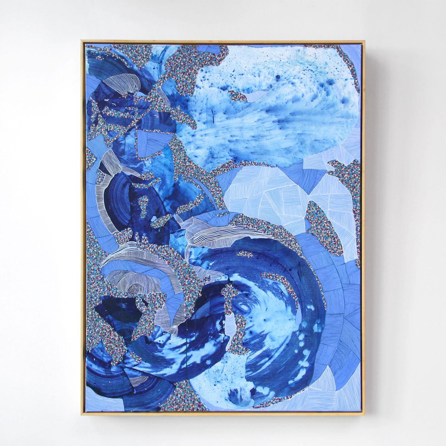 This is a one of a kind abstract expressionist painting by local San Diego artist, Kelsey Overstreet. It is acrylic on canvas and its dimensions are 37 x49 x2.5. It comes framed.

The artist uses multiple shades of blue accompanied with a rainbow