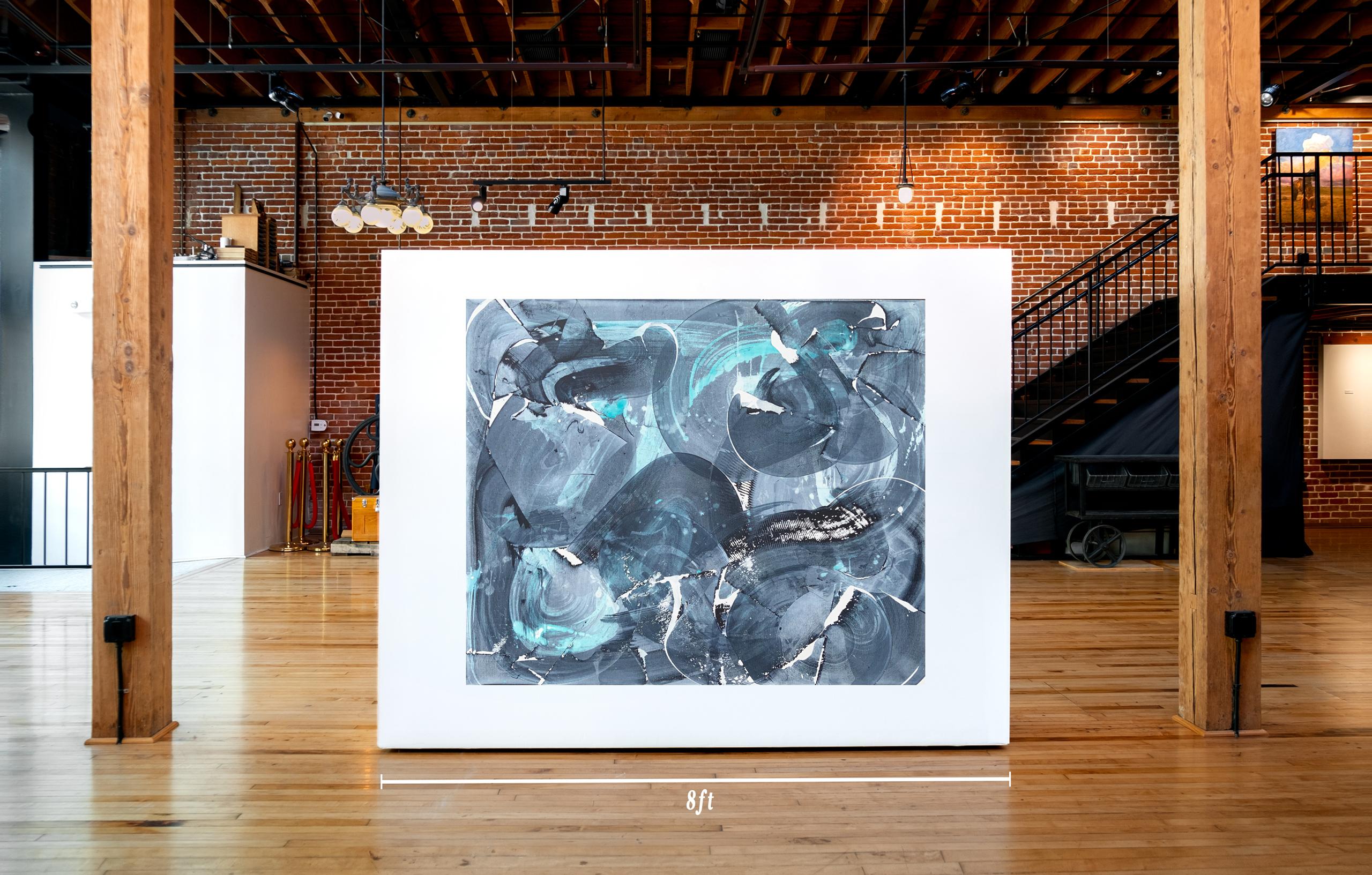 This is a one of a kind abstract expressionist painting by local San Diego artist, Kelsey Overstreet. Its dimensions are 60x72. It is not framed. 

Overstreet uses shades various of blue  and white in this piece. She creates shaped and figures that
