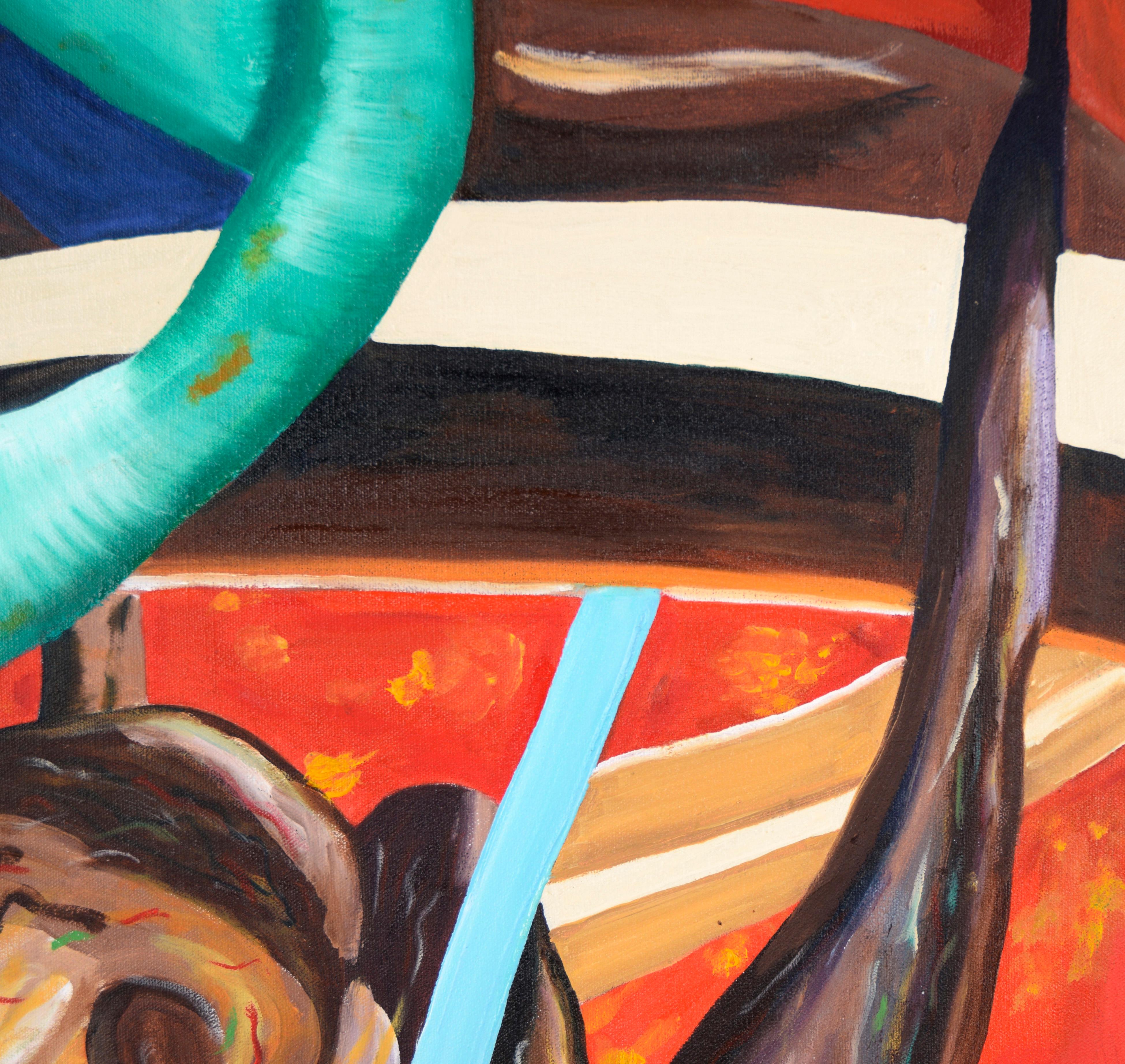 Through the Ring - Abstract Surrealist Composition in Acrylic on Canvas

Composition of biomorphic and natural forms by Kelsie Page (American, 20th Century). Various shapes are swirling around and through a ring. Some of the shapes resemble branches