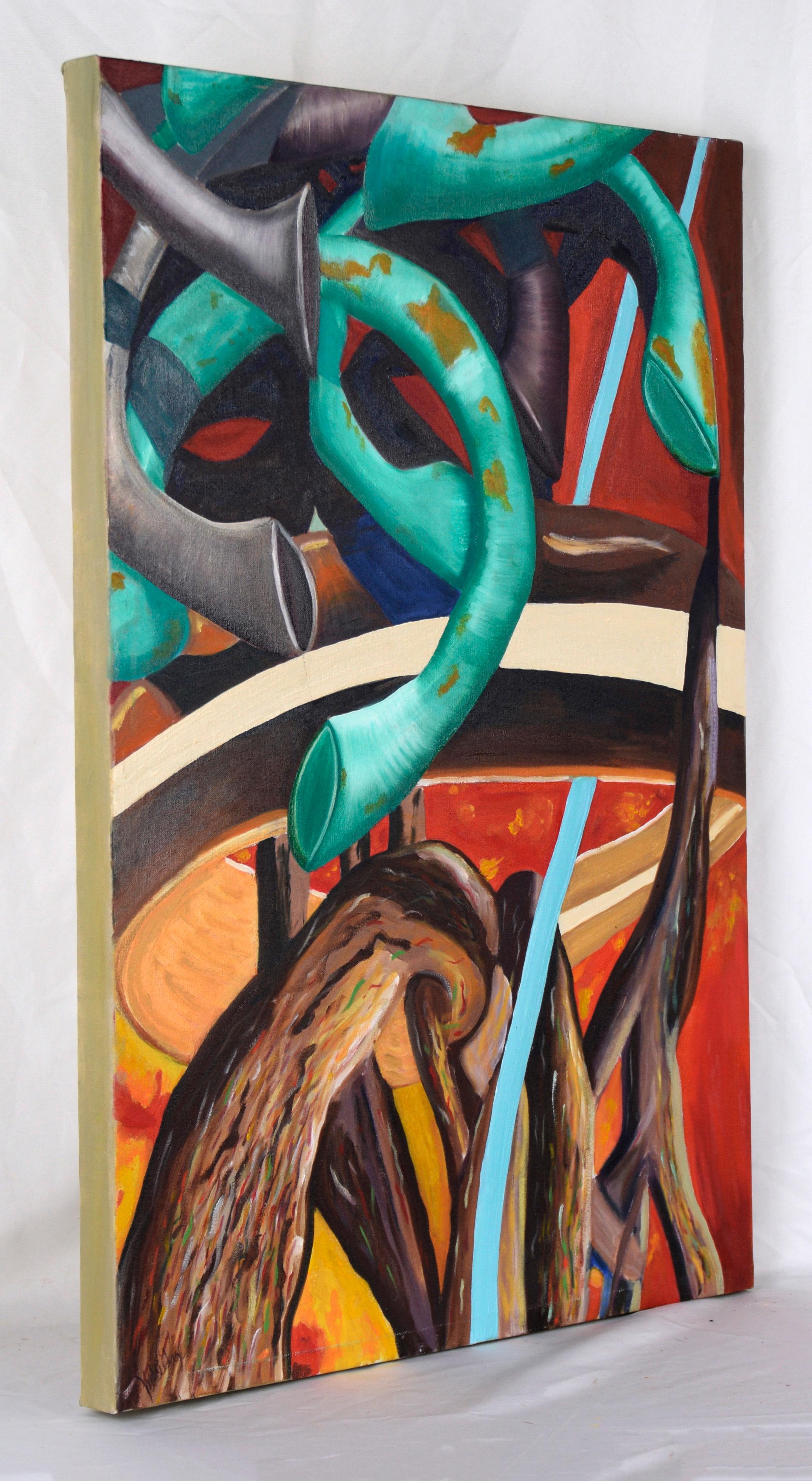 Through the Ring - Abstract Surrealist Composition in Oil on Canvas For Sale 5