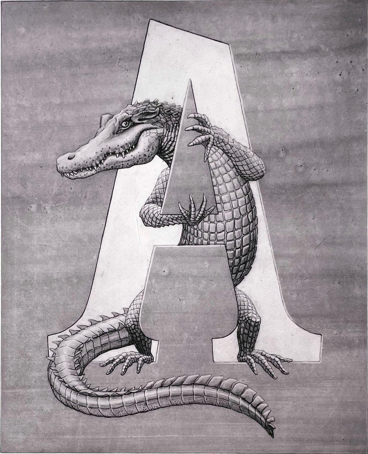 The single letter "A", from the alphabet, illustrated by an alligator. All letters are available, and the full set of 27 etchings in folio box is available for $3200. Animals, real and imagined, populate this imaginative set of prints. More images