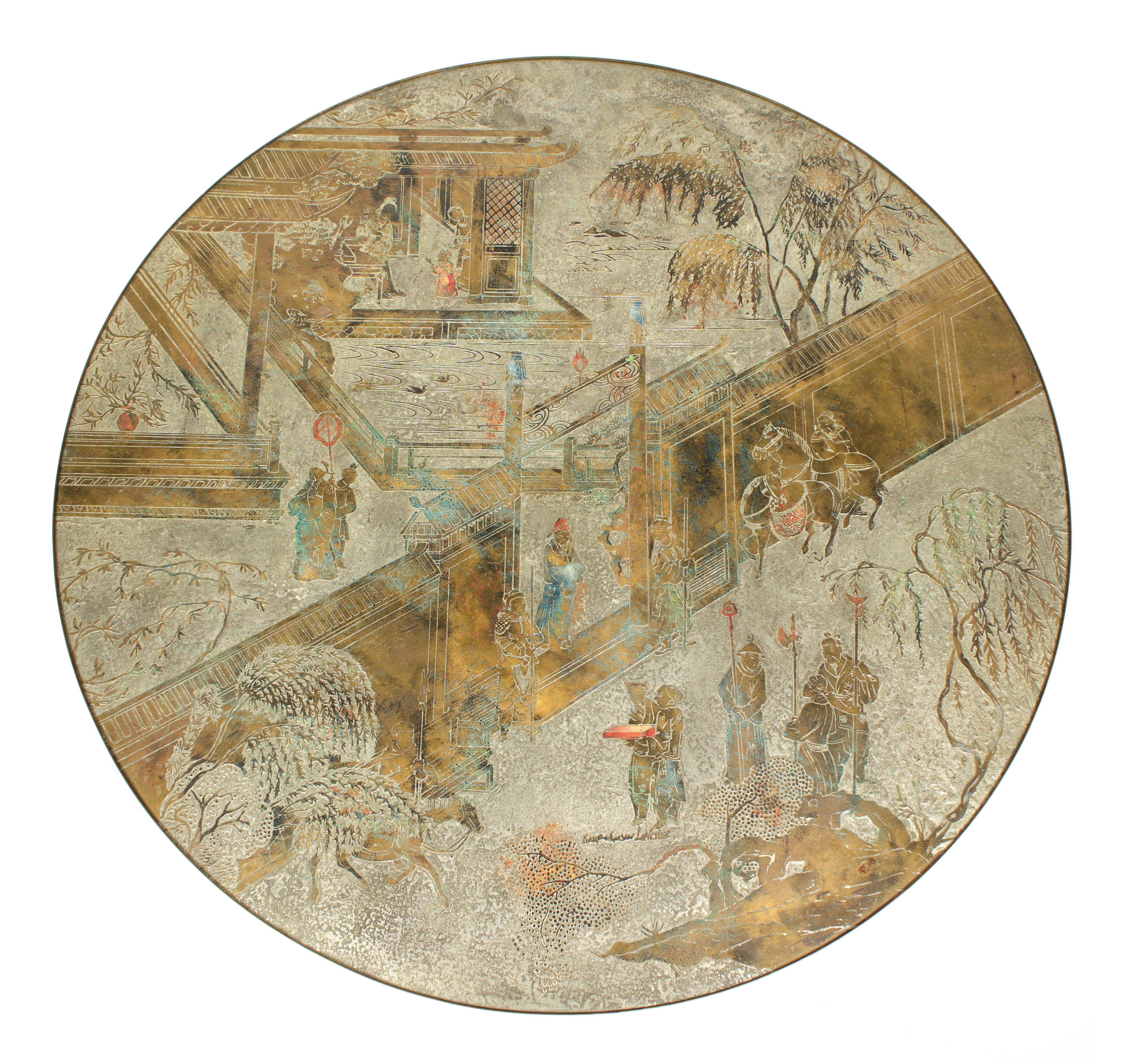 Philip & Kelvin Laverne 'Chan' coffee table in patinated pewter and bronze with hand painted enamels of a Chinese landscape with figures, structures, horses and trees, signed on top. Hexagonal pedestal with Chinoiserie style patina inserts. Measures