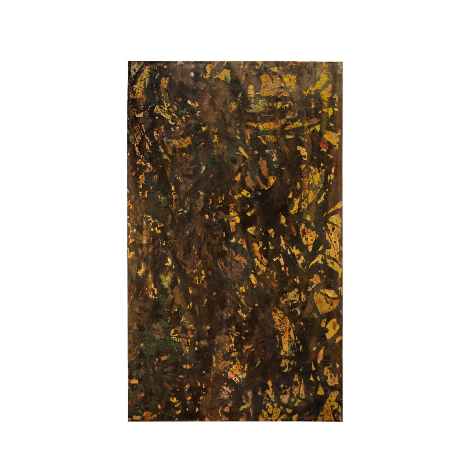Large abstract painting “Autumn” in bronze and pewter with hand-applied colorful enamels of subtle coloration by Philip and Kelvin LaVerne, American 1960's (retains original gallery label on back). Sides are trimmed in bronze. Philip and Kelvin