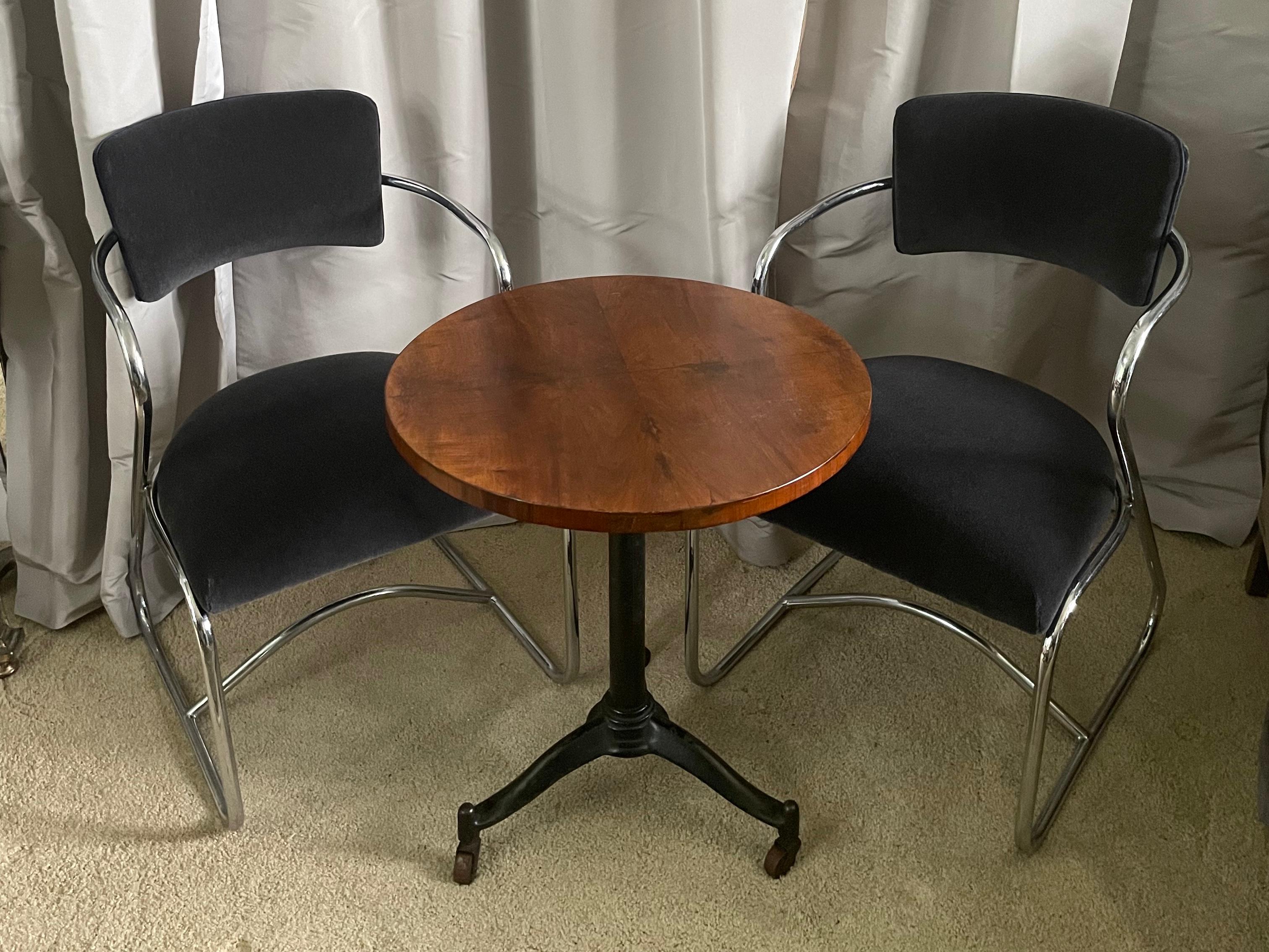 Kem Weber chrome and mohair thirties armchairs. Great condition and newly reupholstered in steel blue mohair, these small scale chrome open armchairs are versatile seating for breakfast card table or in front hall. United States, circa