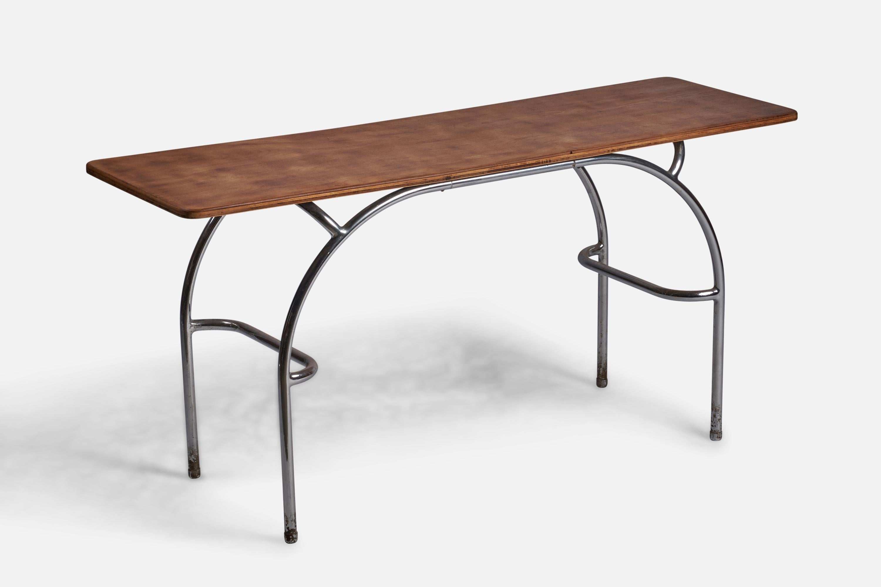 A wood and chrome plated metal console table designed by KEM Weber and produced by Lloyd Manufacturing Co. USA, 1930s.

With manufacturers label to underside.
