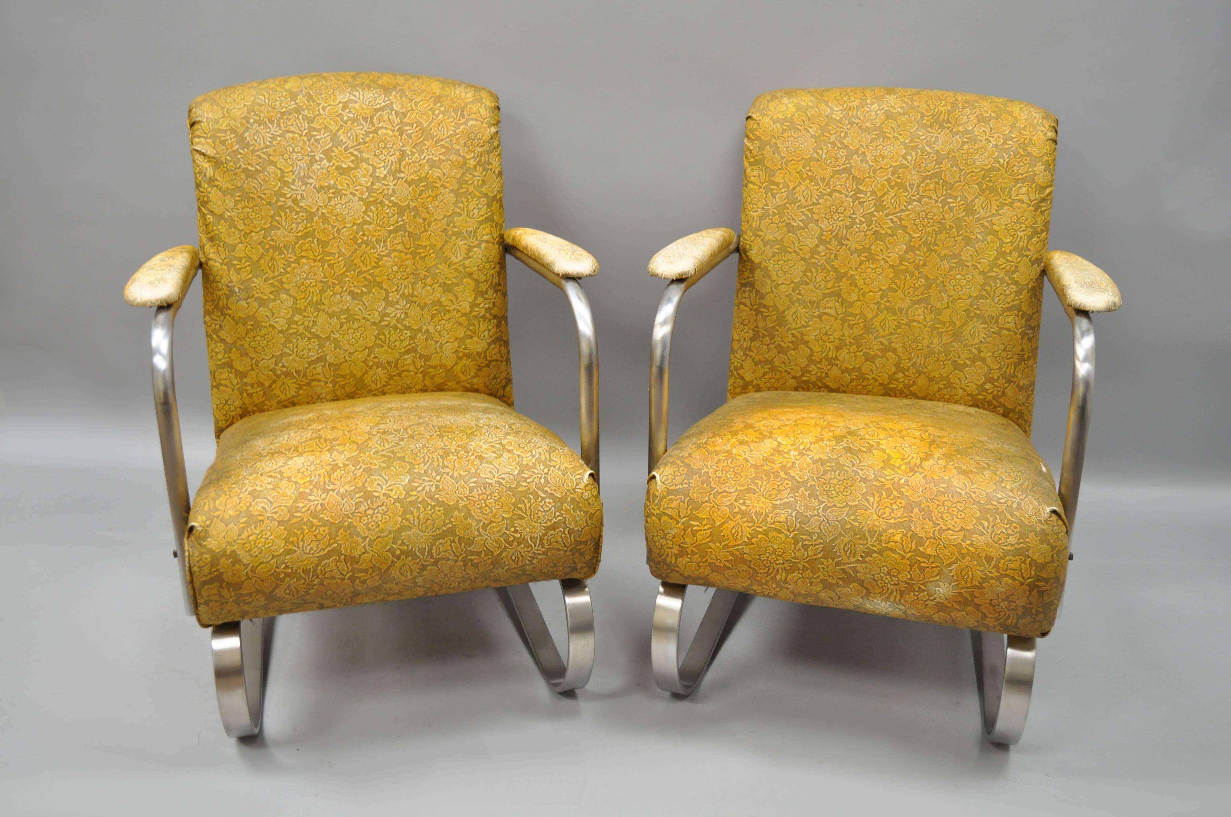 Art déco Paire de fauteuils Springer de style Art Déco Lloyd en acier tubulaire chromé et acier KEM Weber en vente
